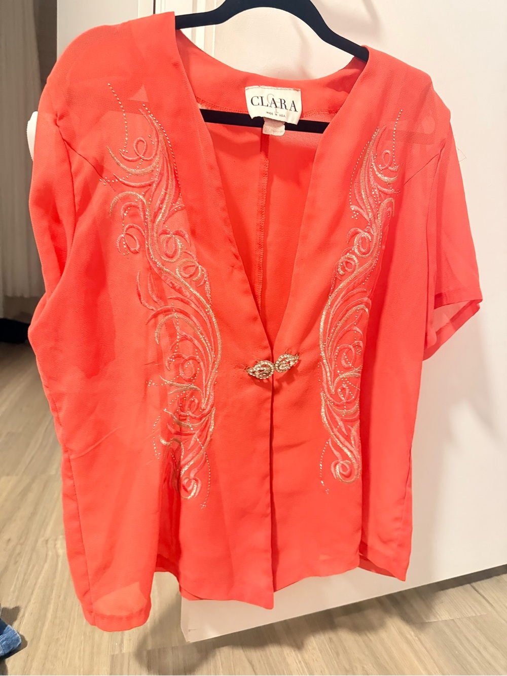 LARA Coral Short-Sleeve V-Neck Top with Silver Embellishment